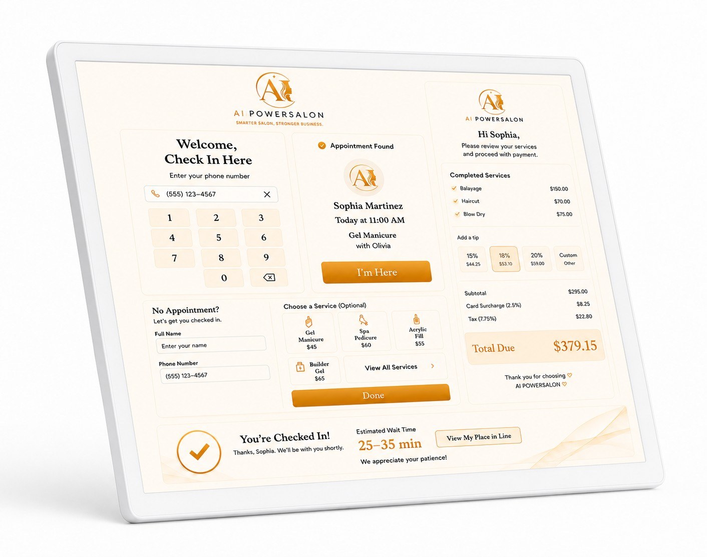 AIPowerSalon customer check-in display showing the welcome, appointment check-in, service selection, and payment review screen