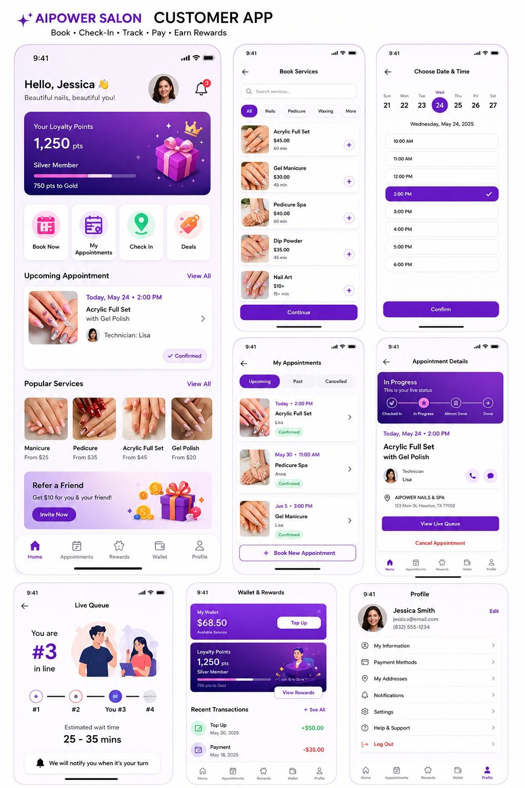 AIPowerSalon Customer App screens