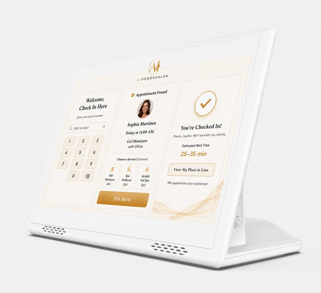 AIPowerSalon customer check-in display on an L-shape stand showing the welcome and check-in screen