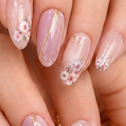 Floral nail art with gold detail