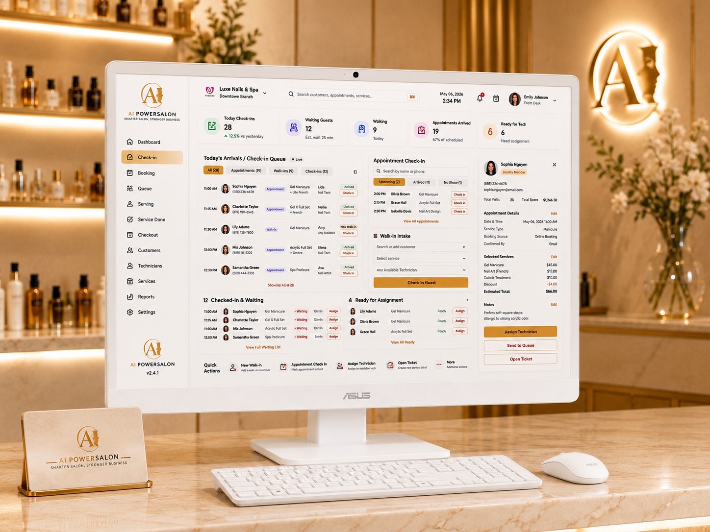 Full view of the AIPowerSalon dashboard running on a new 27-inch ASUS touchscreen All-in-One at a luxury salon front desk