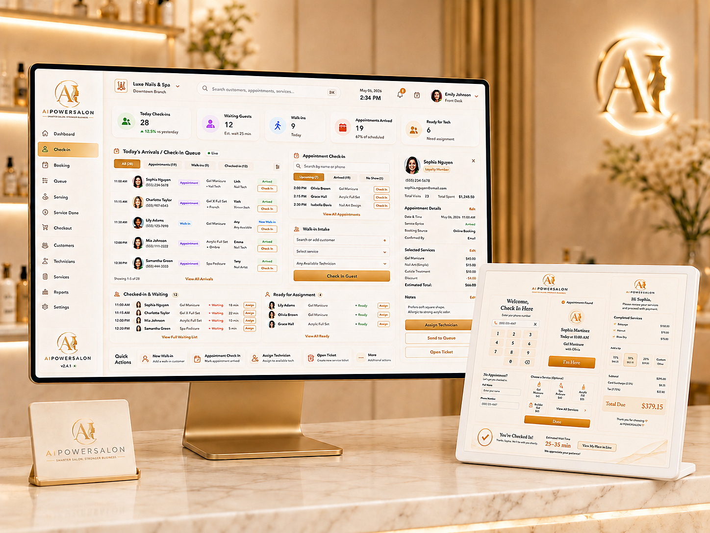 AIPowerSalon POS check-in dashboard running on a 24-inch iMac beside the customer check-in display on a luxury salon front desk