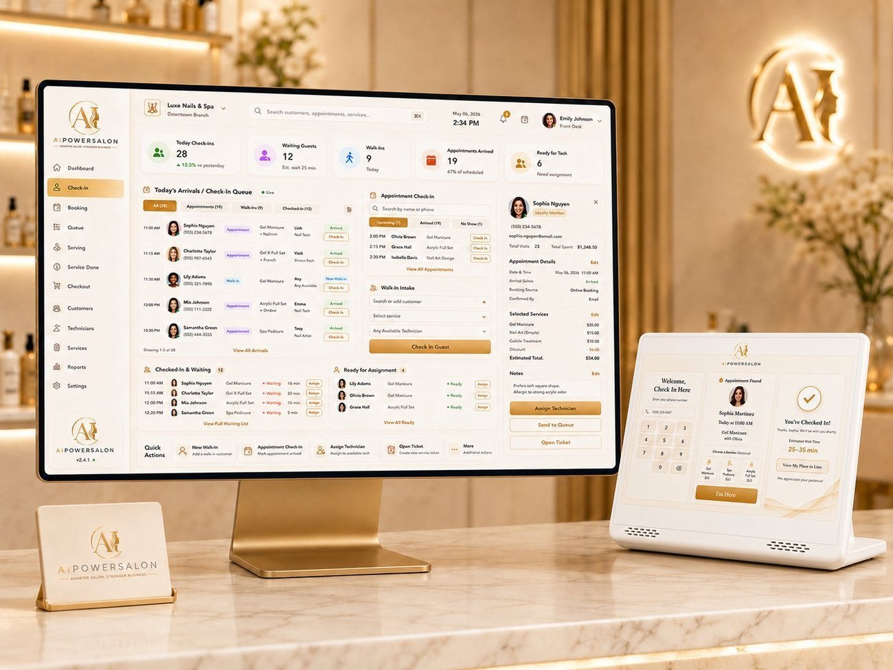 AIPowerSalon POS running on a 24-inch iMac with a customer check-in display on a luxury salon front desk
