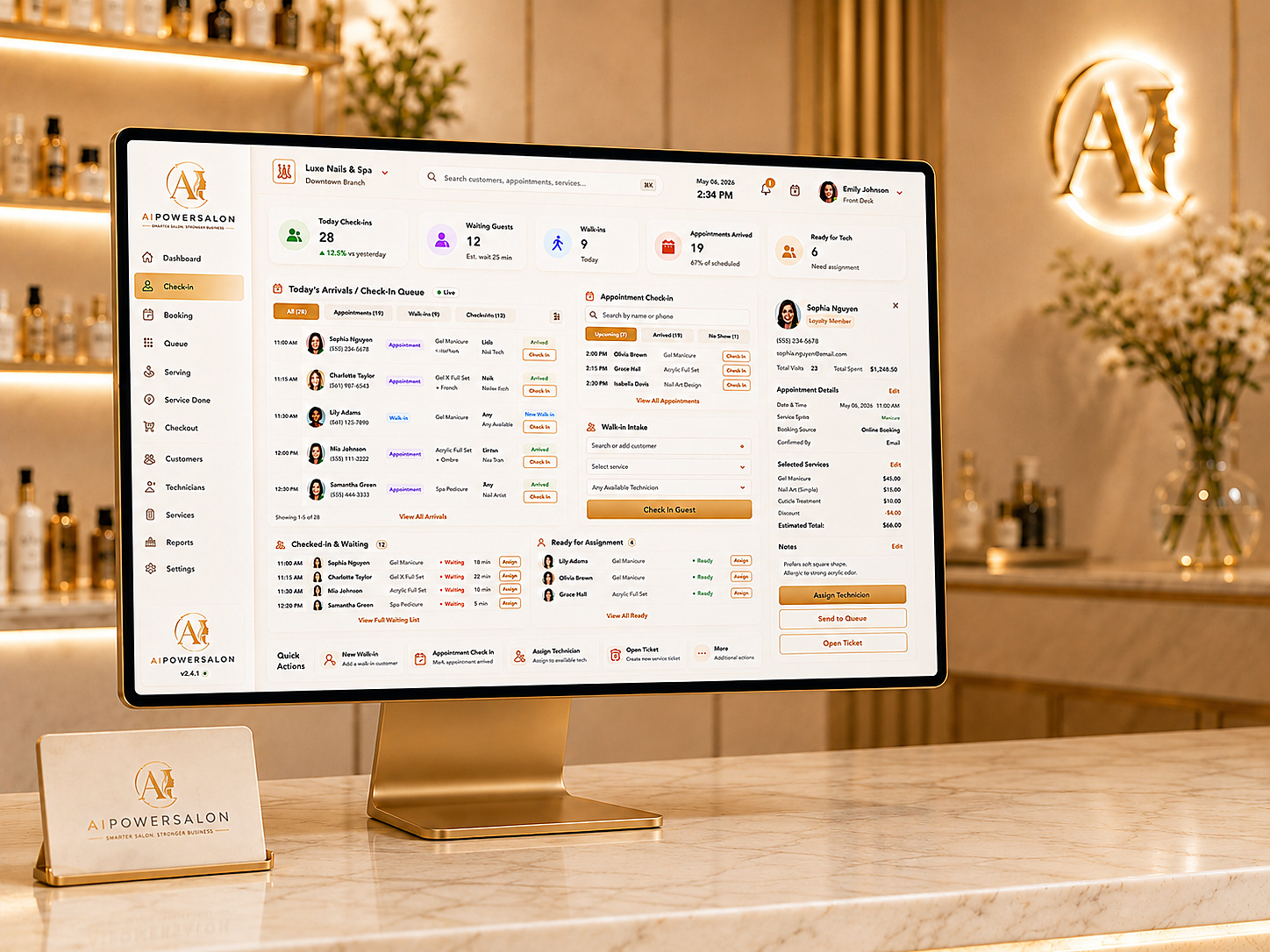 24-inch iMac front-desk POS running the AIPowerSalon check-in dashboard