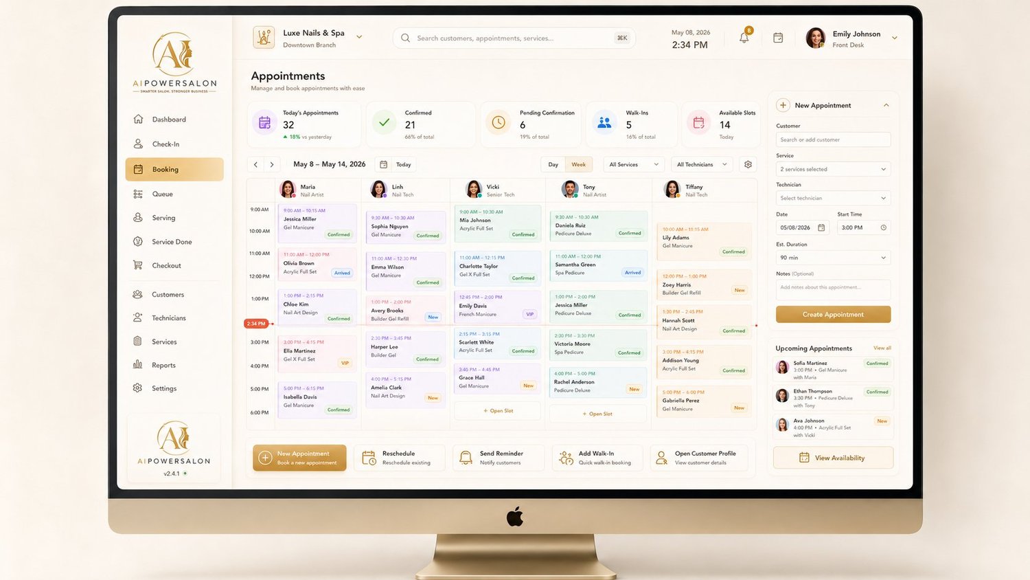AIPowerSalon Booking and appointments screen on an iMac
