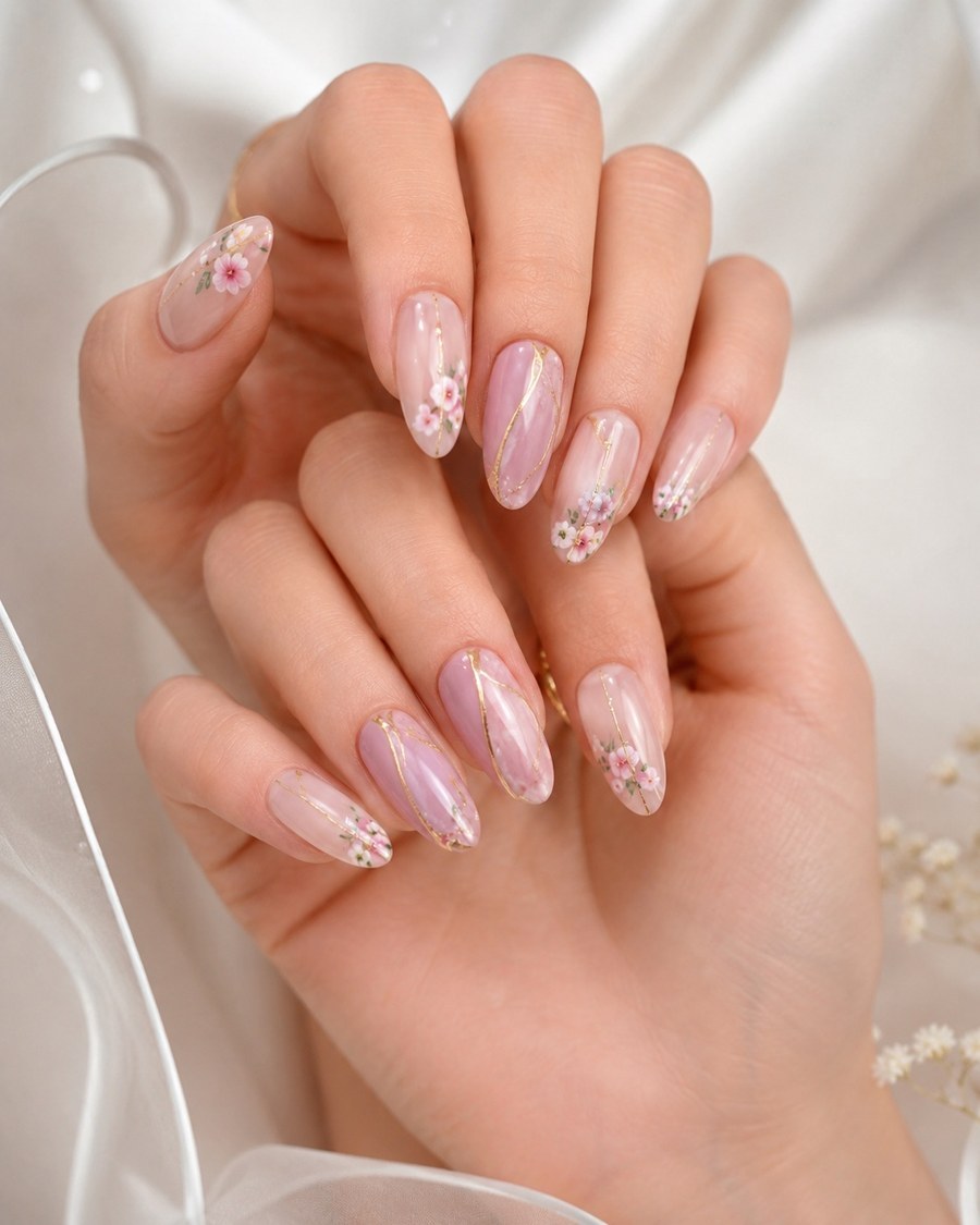 Floral nail art with gold-line marble detail, both hands