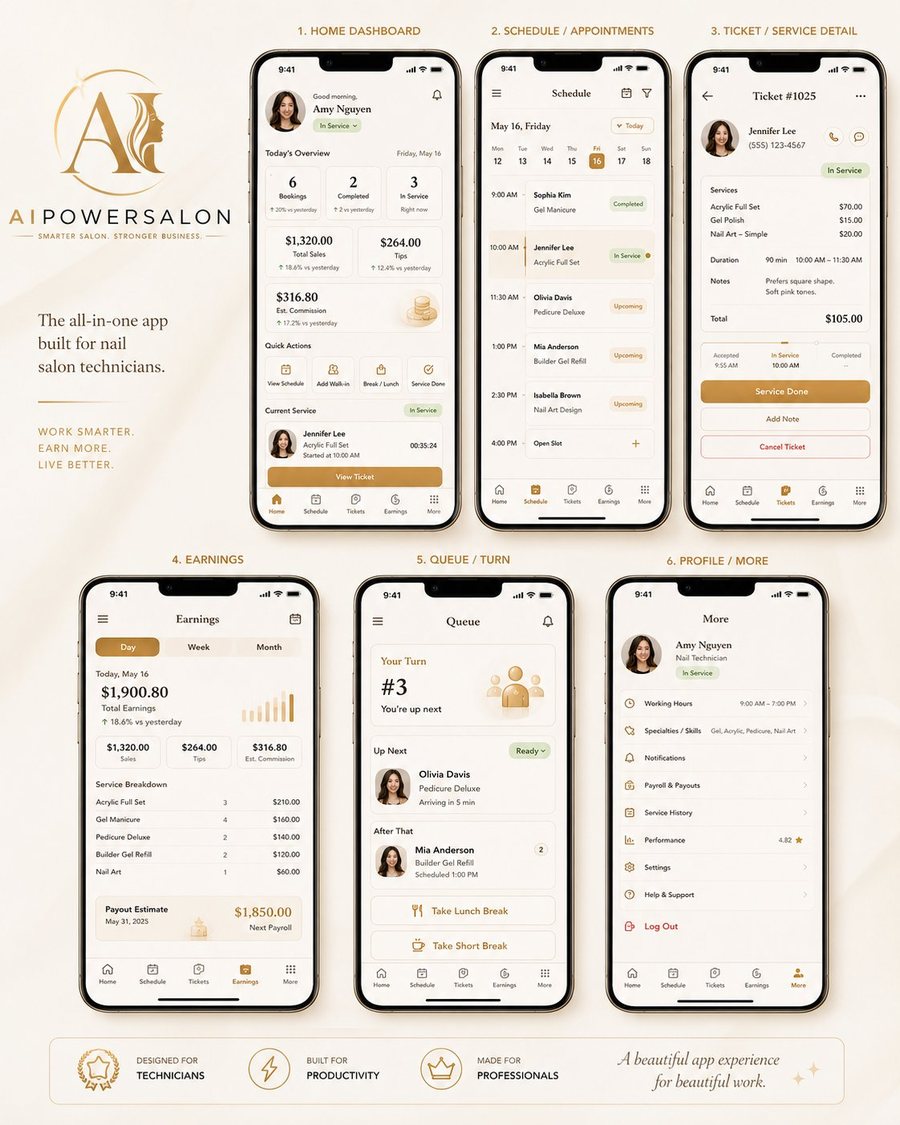 AIPowerSalon Technician App — additional screens