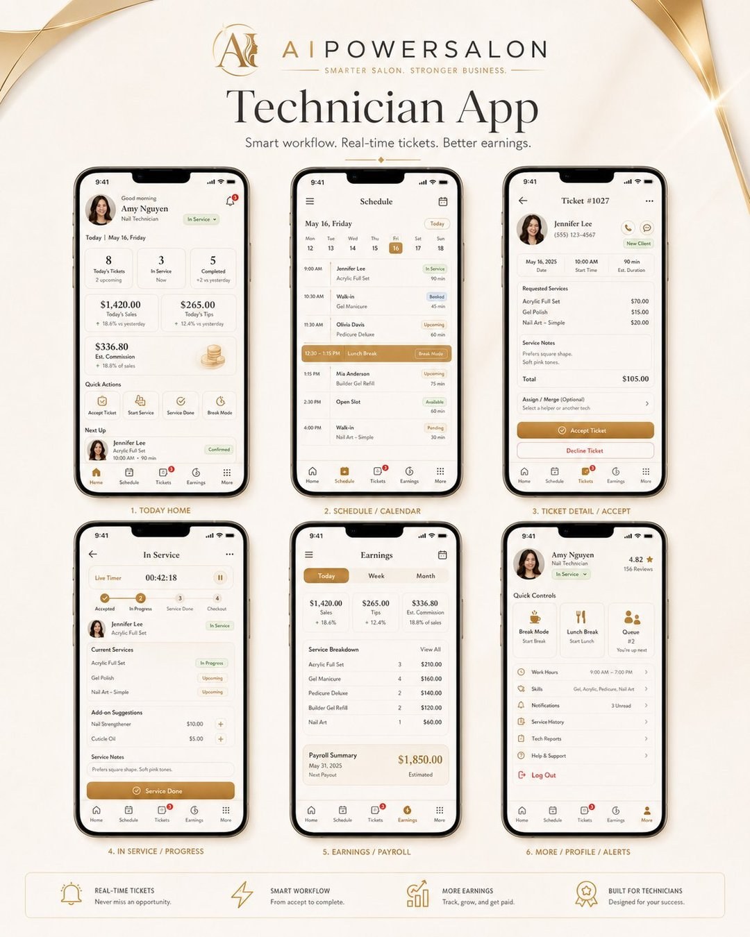 AIPowerSalon Technician App screens